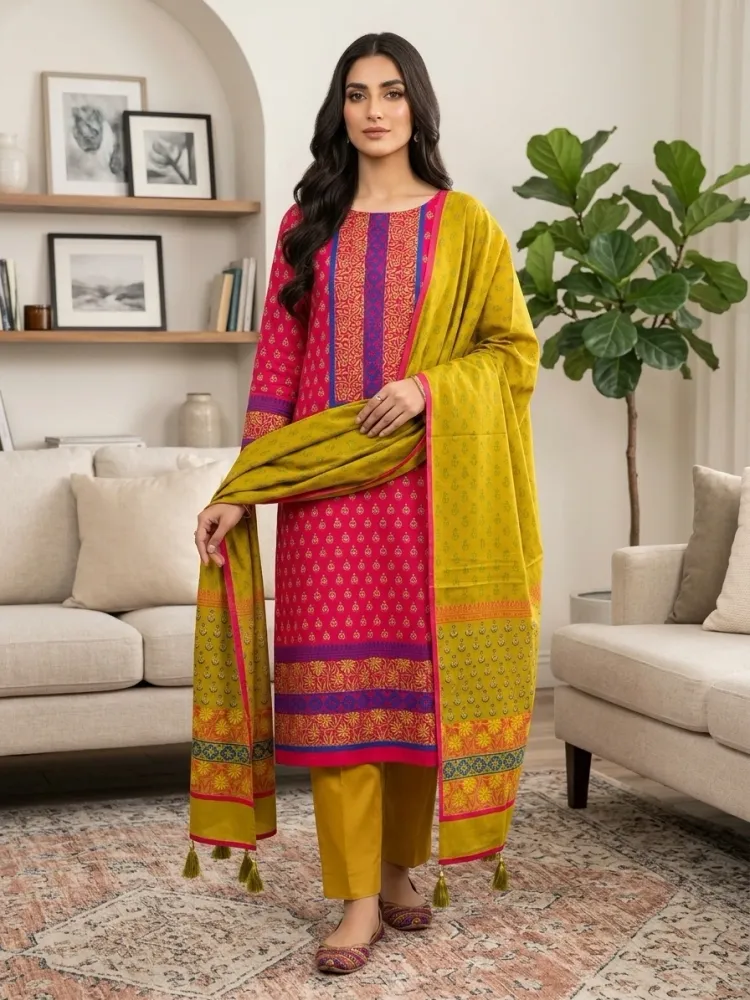 Magenta & Mustard Cotton Block Print 3-Piece Salwar Kameez