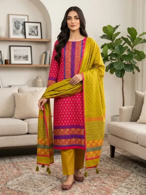 Magenta & Mustard Cotton Block Print 3-Piece Salwar Kameez