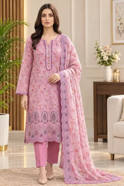 Mauve Pink Soft Cotton Digital Print Embroidered & Sequin Work 3-Piece Salwar Kameez