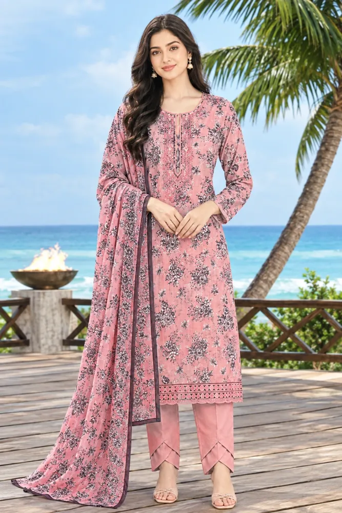 Dusty Pink Soft Cotton Digital Print Embroidered 3-Piece Salwar Kameez