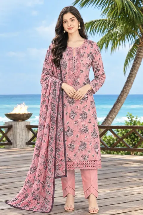 Dusty Pink Soft Cotton Digital Print Embroidered 3-Piece Salwar Kameez