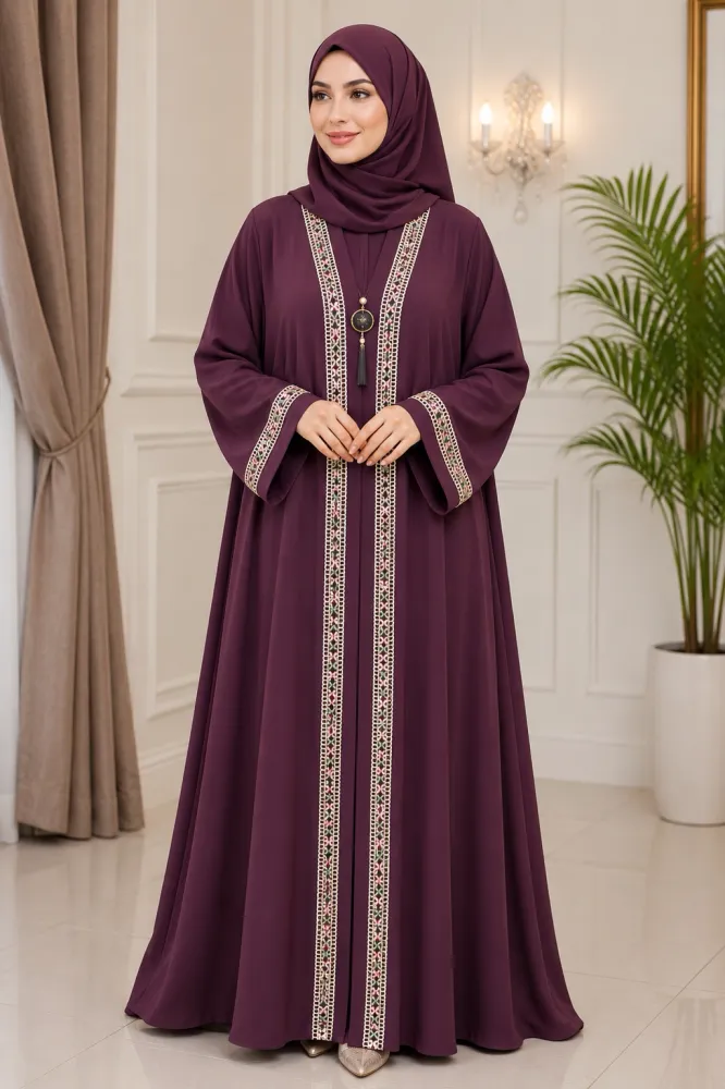 Premium Zafran Fabric Embroidered & Sequin Single Layer Abaya with Matching Hijab - Shopemart
