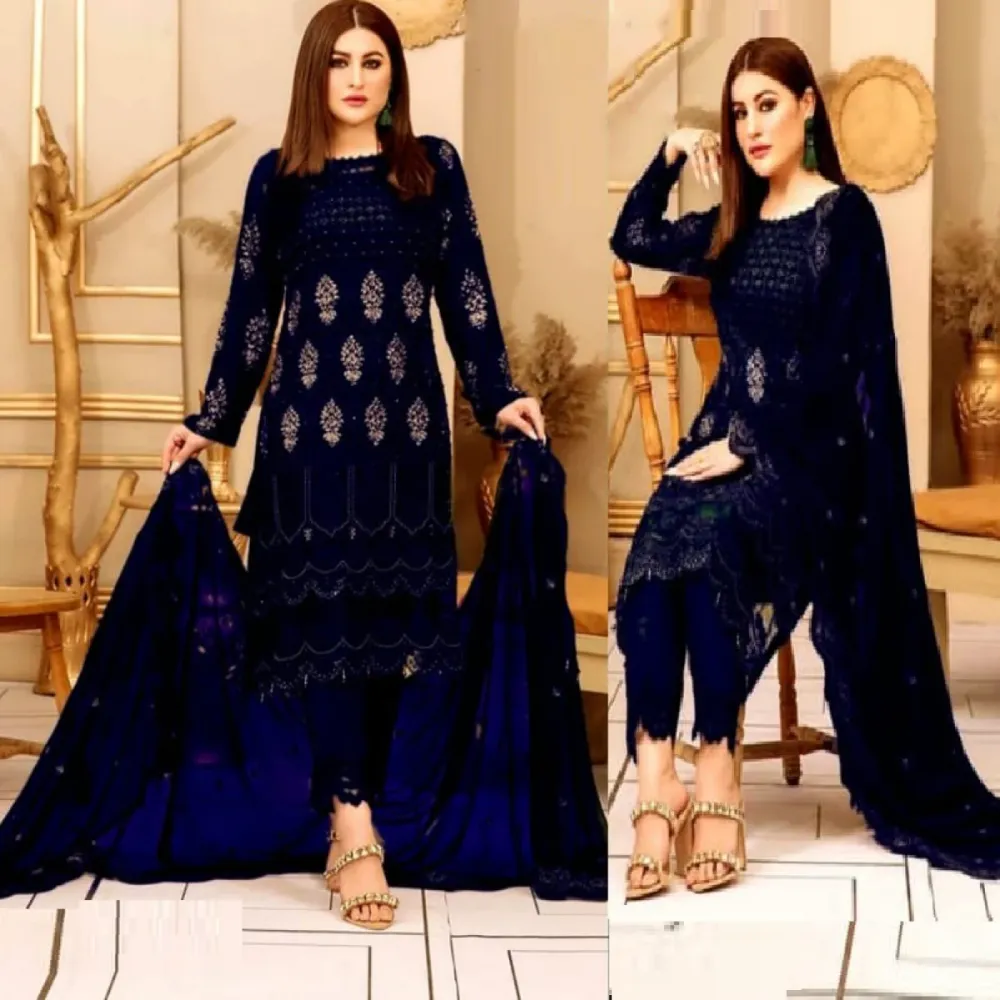 Navy Blue Embroidered Georgette Semi-Stitched Salwar Suit