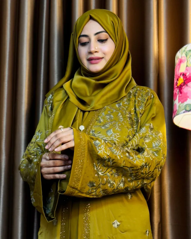 Premium Abaya Borka with DMC Stone Work & Matching Hijab (Dubai Cherry Fabric) - Shopemart 1