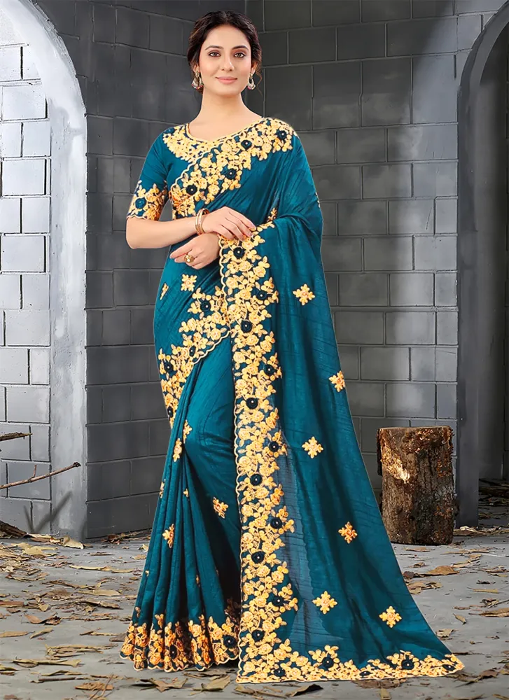 Teal & Gold Embroidered Georgette Saree