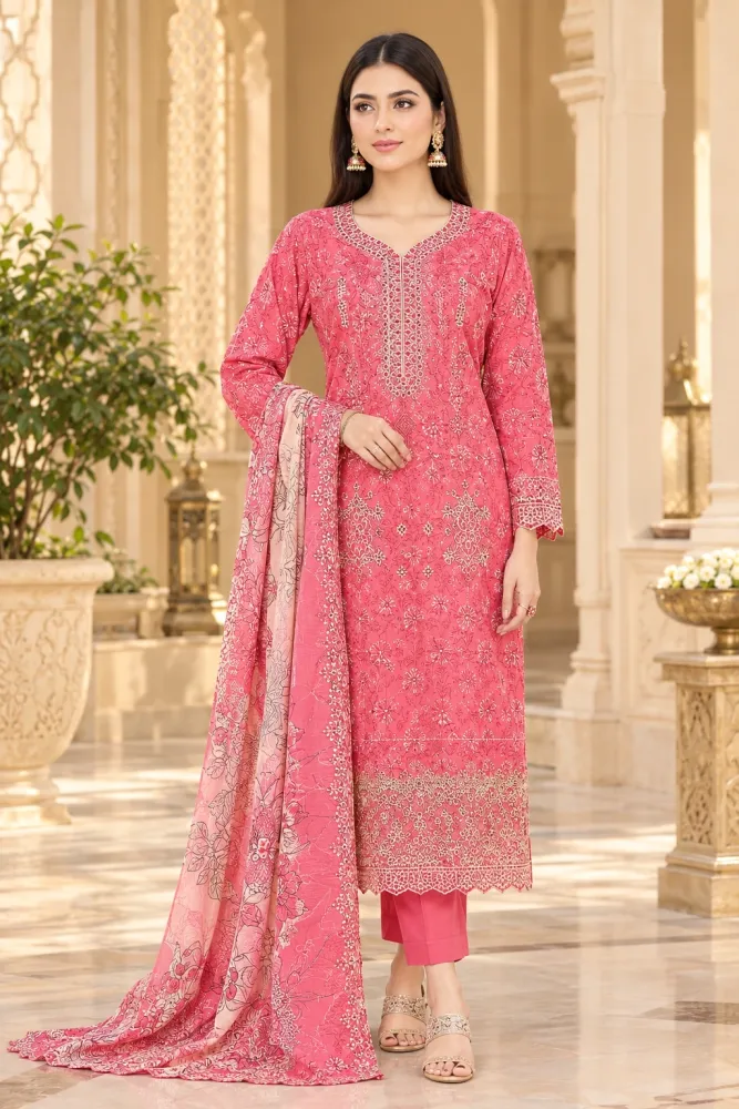 Coral Pink Soft Cotton Digital Print Embroidered 3-Piece Salwar Kameez