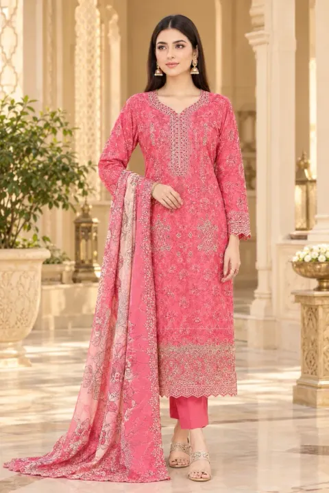 Coral Pink Soft Cotton Digital Print Embroidered 3-Piece Salwar Kameez