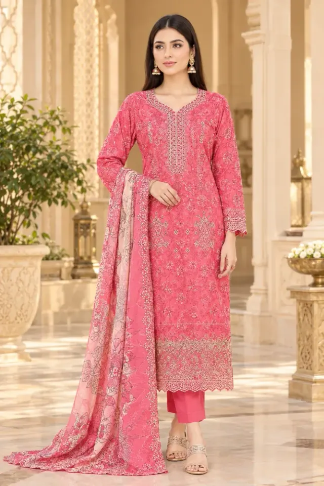 Coral Pink Soft Cotton Digital Print Embroidered 3-Piece Salwar Kameez