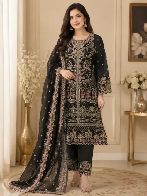 Black Embroidered Star Georgette 4-Piece Dress for Women