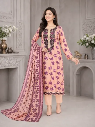 Pink & Purple Soft Cotton Digital Print Embroidered 3-Piece Salwar Kameez