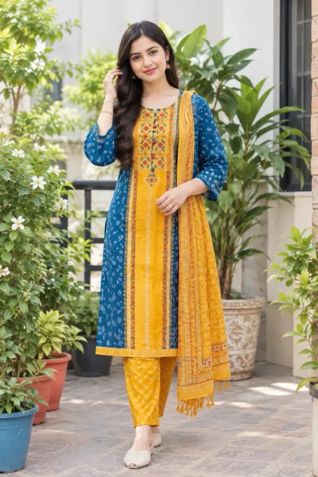 Mustard & Blue Cotton Block Print Ready-Made 3-Piece Salwar Kameez
