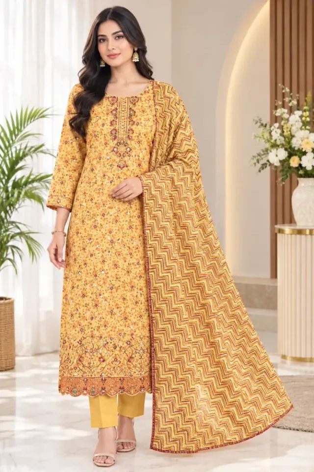Mustard Yellow Soft Cotton Digital Print Embroidered & Sequin Work 3-Piece Salwar Kameez