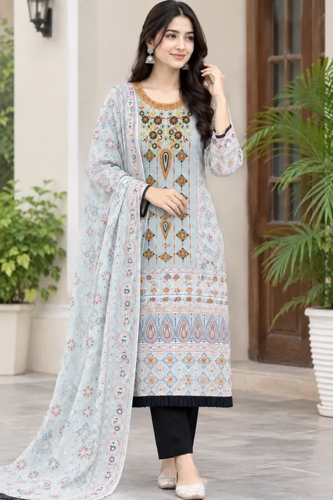 White & Grey Cotton Block Print Ready-Made 3-Piece Salwar Kameez