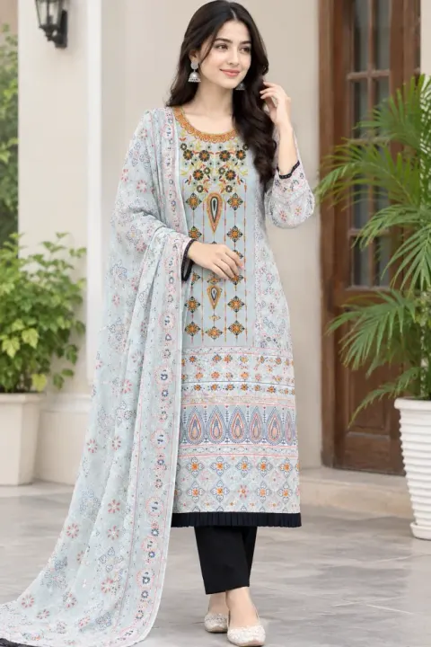 White & Grey Cotton Block Print Ready-Made 3-Piece Salwar Kameez