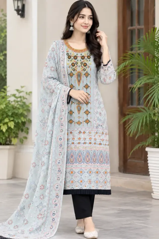 White & Grey Cotton Block Print Ready-Made 3-Piece Salwar Kameez