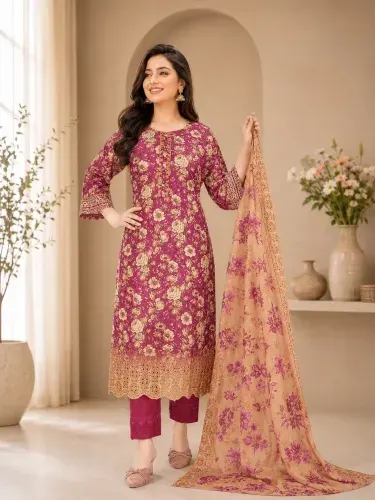 Raspberry Pink Soft Cotton Digital Print Embroidered 3-Piece Salwar Kameez
