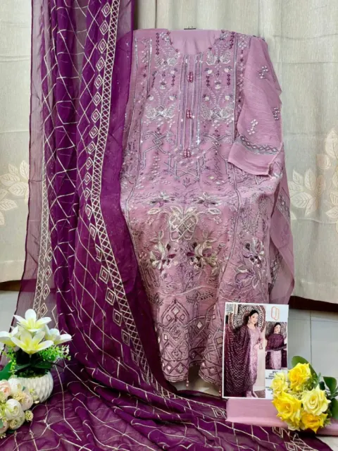 Lilac & Purple Embroidered Georgette Semi-Stitched Salwar Suit