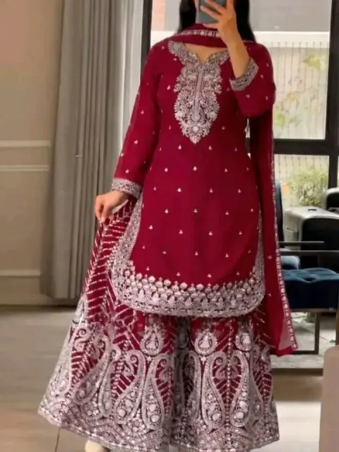 Maroon Embroidered Soft Georgette Gharara Suit for Women
