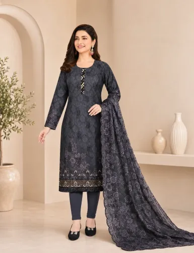 Charcoal Grey Soft Cotton Digital Print Embroidered & Sequin Work 3-Piece Salwar Kameez
