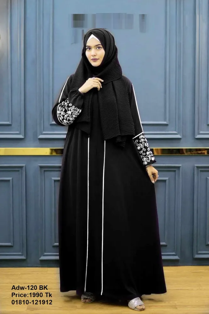 Black Open Front Abaya with Embroidered Sleeves