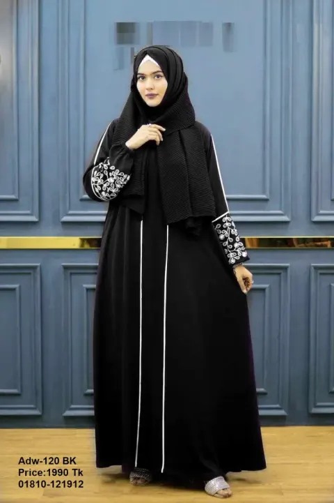 Black Open Front Abaya with Embroidered Sleeves