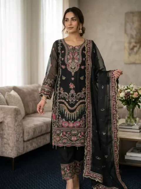 Black Premium Embroidered Jimmy Chu Georgette 4-Piece Set for Women