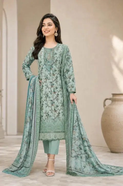 Sage Green Soft Cotton Digital Print Embroidered & Sequin Work 3-Piece Salwar Kameez