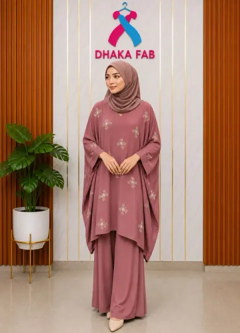 Dusty Rose Casual Embroidered Kaftan Set – Premium CEY Fabric