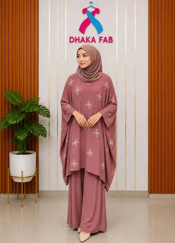 Dusty Rose Casual Embroidered Kaftan Set – Premium CEY Fabric