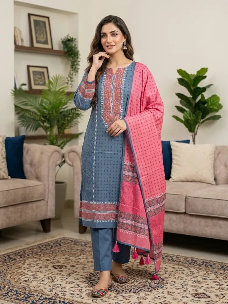 Blue & Pink Cotton Block Print 3-Piece Salwar Kameez