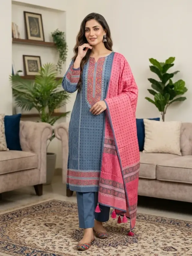 Blue & Pink Cotton Block Print 3-Piece Salwar Kameez