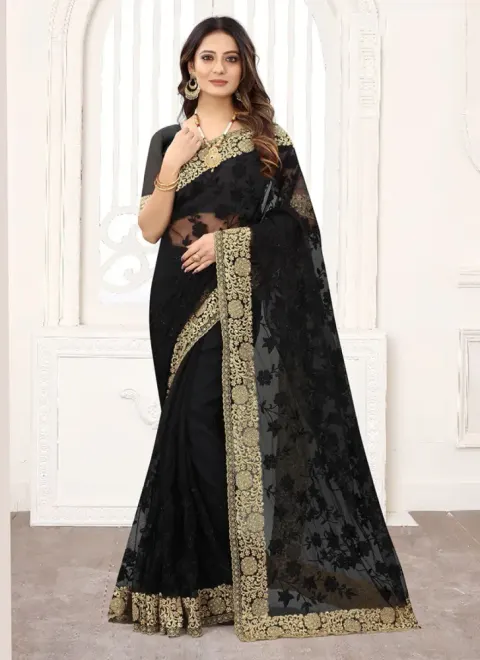 Designer Black Georgette Saree with Gold Embroidery – Elegant Designer Party Wear Saree - Shopemart