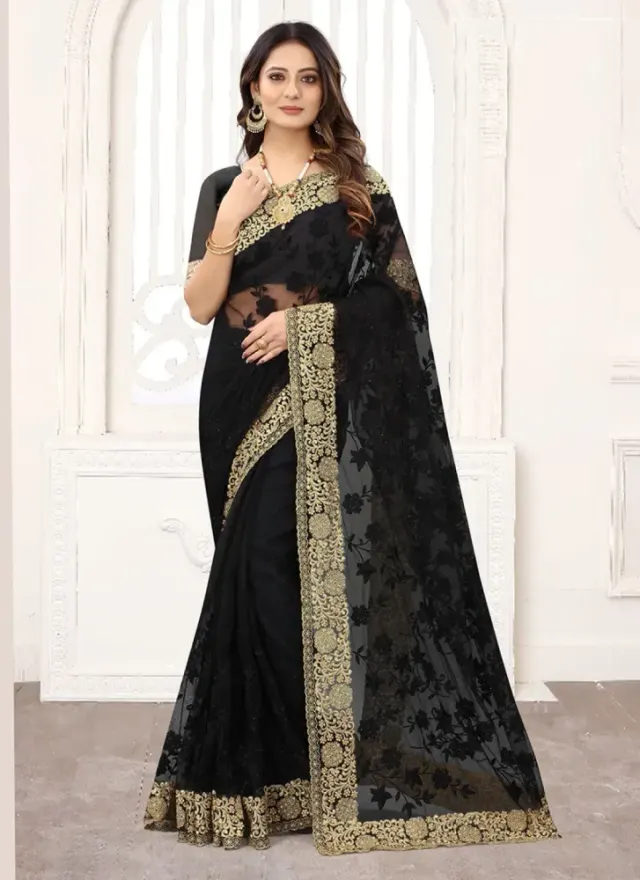 Designer Black Georgette Saree with Gold Embroidery – Elegant Designer Party Wear Saree - Shopemart
