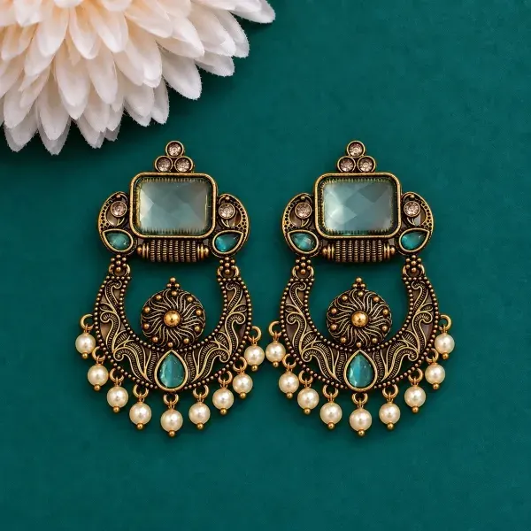 Mint Green Antique Stone Chandbali Earrings with Pearl Drops – 3 Color Options