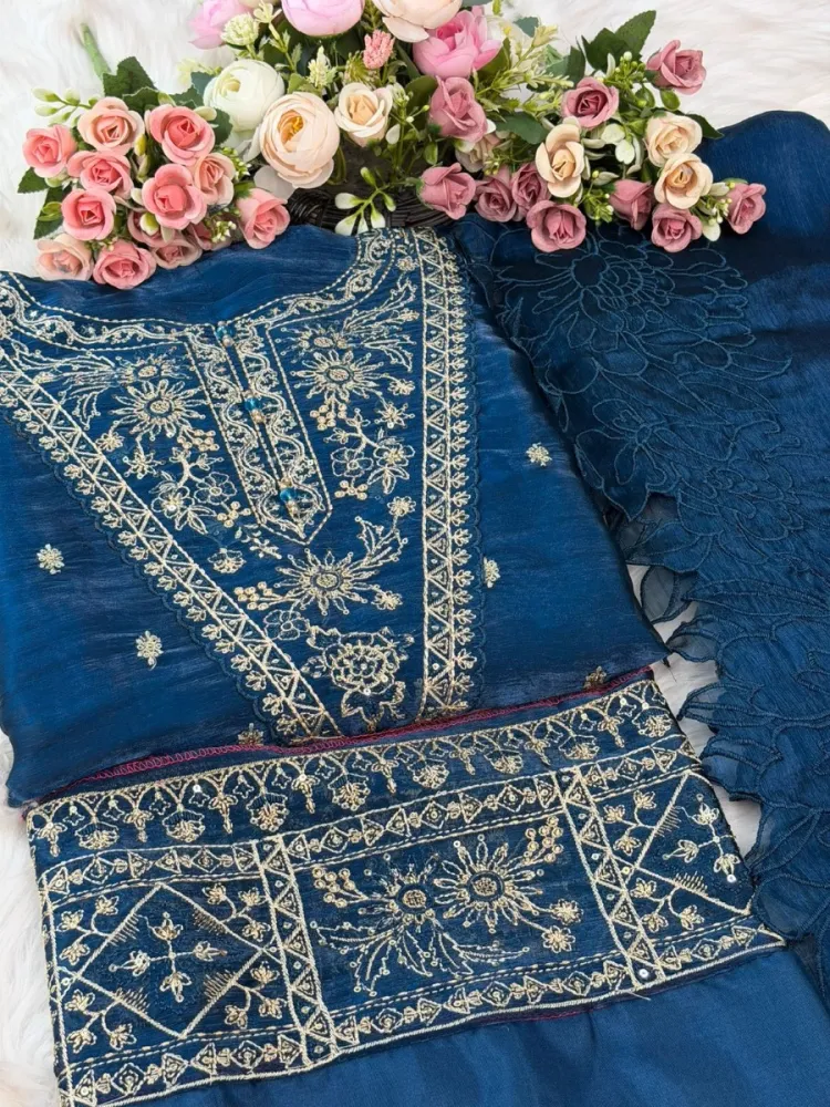 Peacock Blue Embroidered Georgette Unstitched Salwar Suit