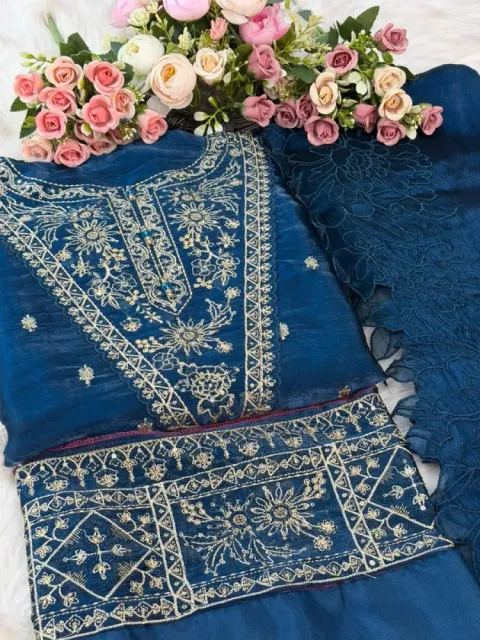 Peacock Blue Embroidered Georgette Unstitched Salwar Suit