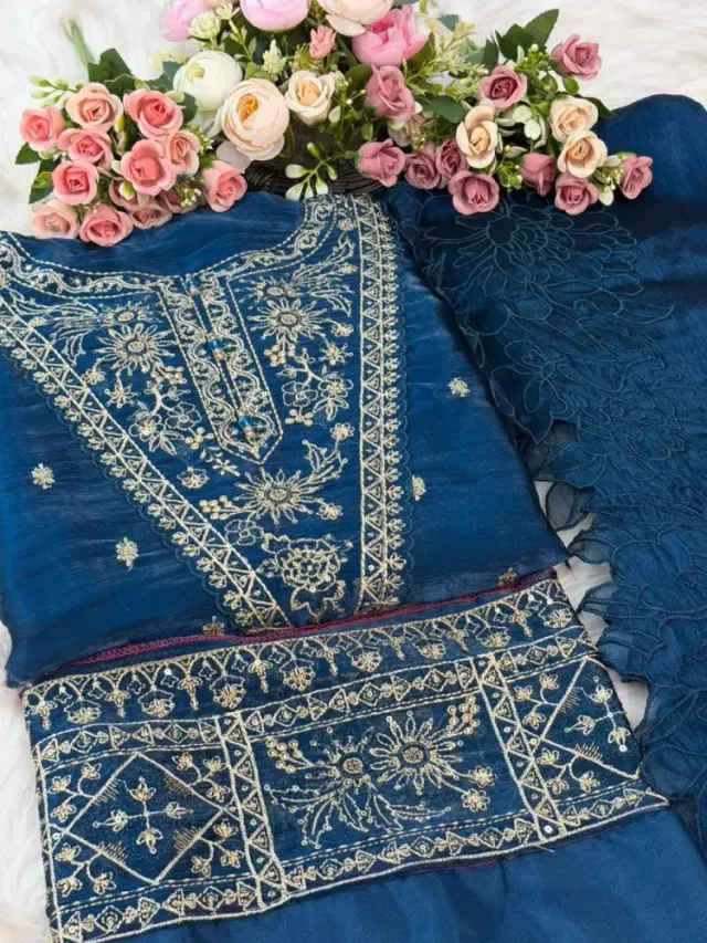 Peacock Blue Embroidered Georgette Unstitched Salwar Suit