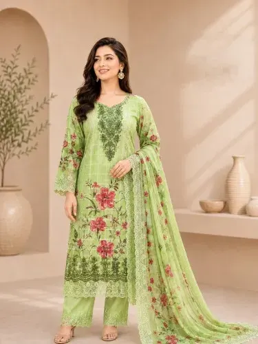 Pista Green Soft Cotton Digital Print Embroidered 3-Piece Salwar Kameez