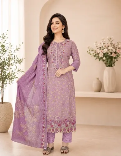 Lilac Soft Cotton Digital Print Embroidered 3-Piece Salwar Kameez