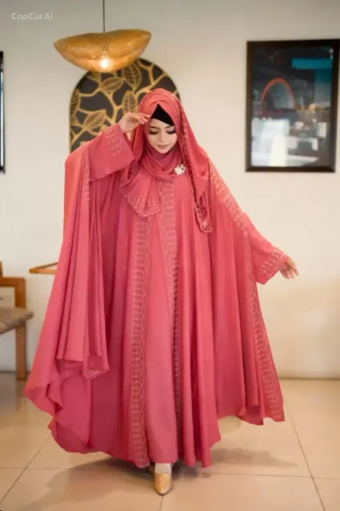 Pink Premium Abaya Borka with DMC Stone Work & Matching Hijab (Dubai Cherry Fabric)