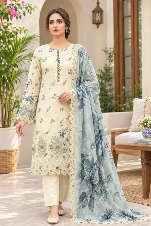 Cream & Blue Soft Cotton Digital Print Embroidered & Sequin Work 3-Piece Salwar Kameez