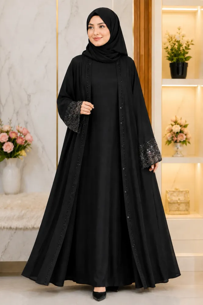 Premium Dubai Cherry Fabric Double Layer Front Open Borka with Inner & Hijab - Shopemart 1