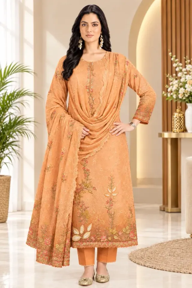 Peach Orange Soft Cotton Digital Print Embroidered & Sequin Work 3-Piece Salwar Kameez