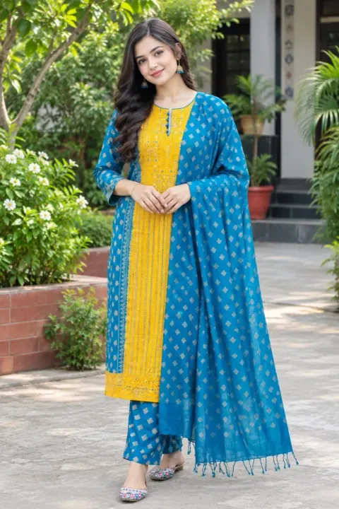 Blue & Yellow Cotton Block Print Ready-Made 3-Piece Salwar Kameez