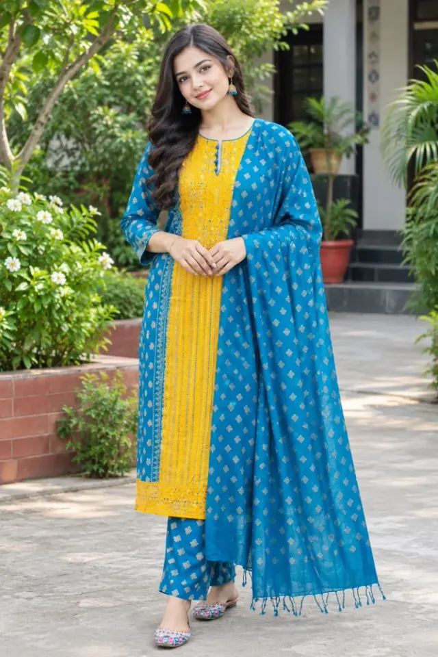 Blue & Yellow Cotton Block Print Ready-Made 3-Piece Salwar Kameez
