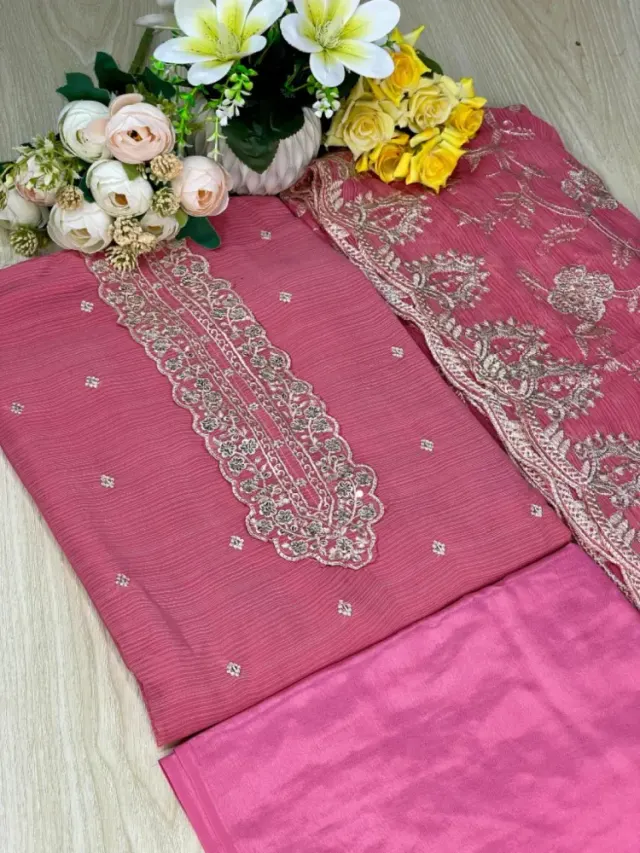 Rose Pink Embroidered Georgette Semi-Stitched Salwar Suit