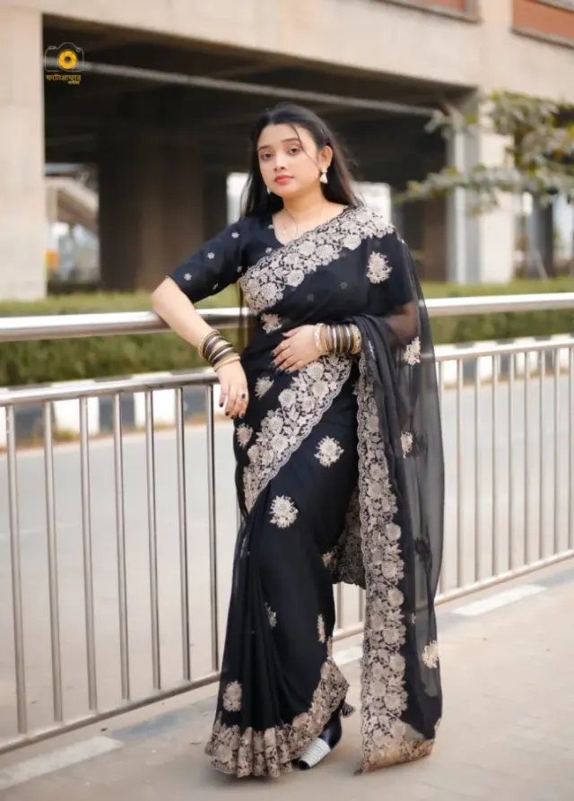 Premium Black Georgette Embroidered Saree – Perfect for Party & Wedding Wear - Shopemart 1