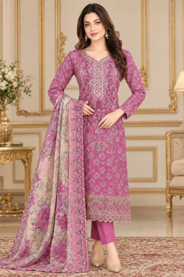 Plum Soft Cotton Digital Print Embroidered 3-Piece Salwar Kameez