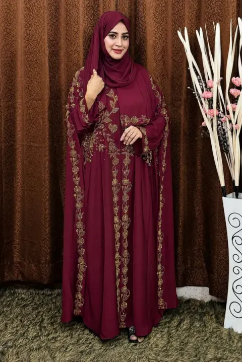 Maroon Premium Abaya Borka with DMC Stone Work & Matching Hijab (Dubai Cherry Fabric)