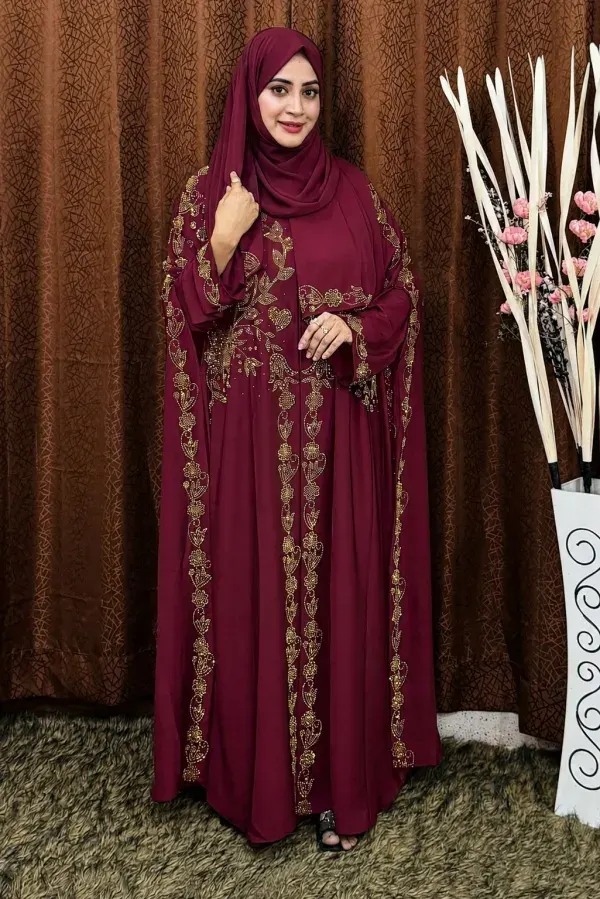 Maroon Premium Abaya Borka with DMC Stone Work & Matching Hijab (Dubai Cherry Fabric)